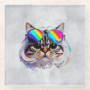 Cat in a Wig + Sunglasses (Painting #3) Glass Coaster