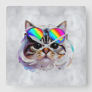 Cat in a Wig + Sunglasses (Painting #3) Square Wall Clock
