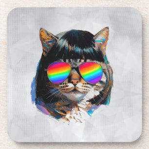 Cat in a Wig + Sunglasses (Painting #5) Coaster