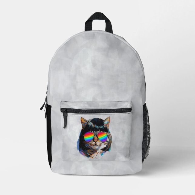 Cat in a Wig + Sunglasses (Painting #5) Printed Backpack (Front)