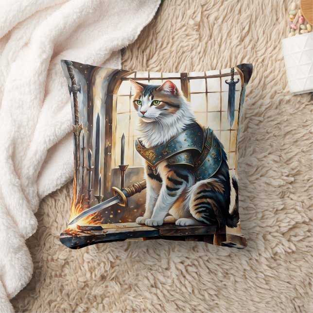 Cat in Armour Surrounded by Swords at Dawn Throw Pillow (Blanket)