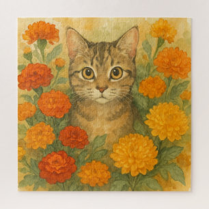 Cat in Autumn Florals Jigsaw Puzzle