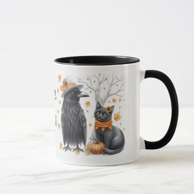 Cat in autumn "Hello fall" Crow Mug (Right)