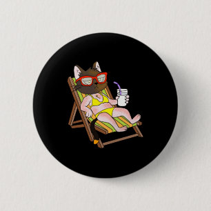 Cat In Bikini On Beach Chair Drinking 2 Inch Round Button