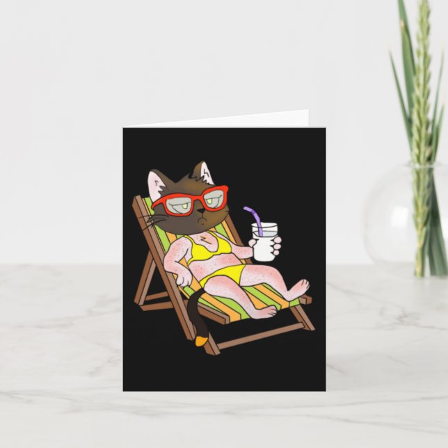 Cat In Bikini On Beach Chair Drinking Card (Front)