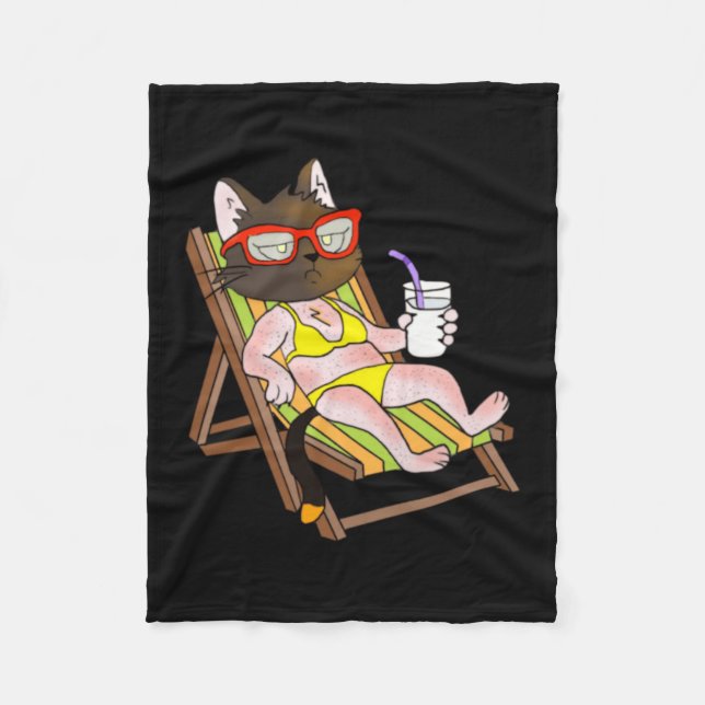 Cat In Bikini On Beach Chair Drinking Fleece Blanket (Front)
