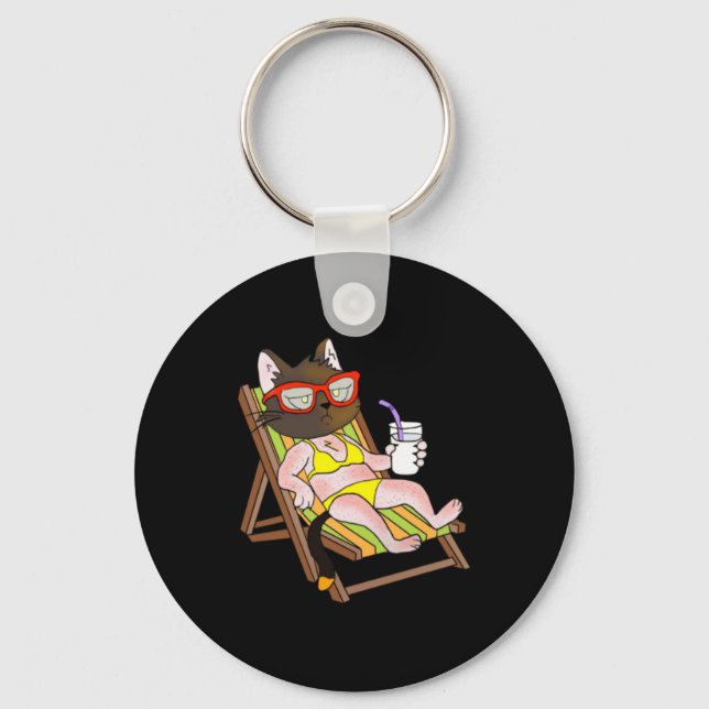 Cat In Bikini On Beach Chair Drinking Keychain (Front)