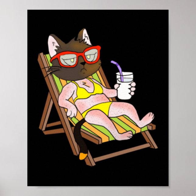 Cat In Bikini On Beach Chair Drinking Poster (Front)