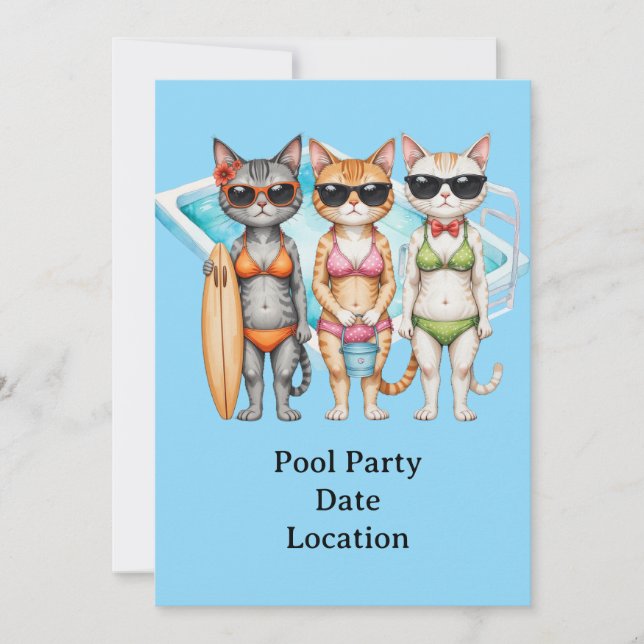 Cat in Bikini Pool Party  Invitation (Front)