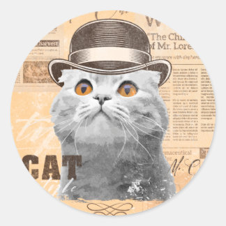 Cat in bowler hat, old classic newspaper, vintage  classic round sticker