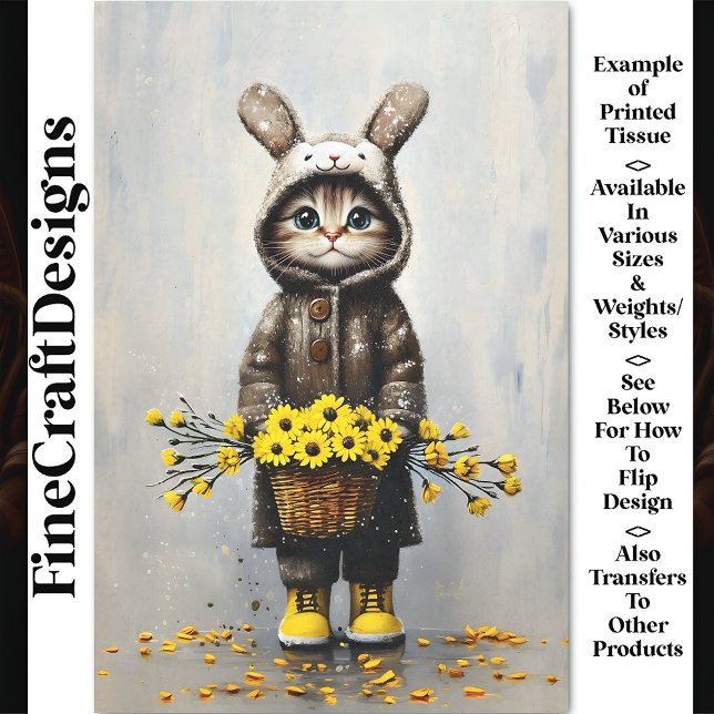 Cat In Bunny Coat, Basket Of Flowers BU4 Decoupage Tissue Paper (Creator Uploaded)