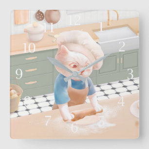 Cat In Chef Hat Rolling Dough at Kitchen Square Wa Square Wall Clock