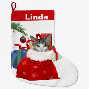 Cat in Christmas Bag with Presents, Customizable Large Christmas Stocking