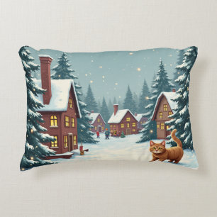 cat in christmas village accent pillow