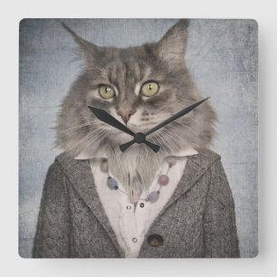 Cat In Clothes Square Wall Clock
