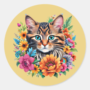 Cat in Colourful Floral Wreath Classic Round Sticker