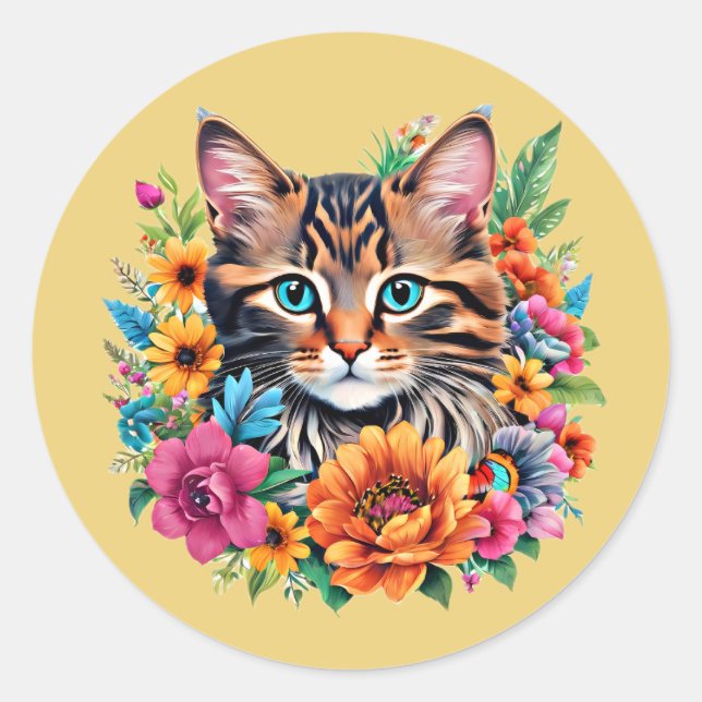 Cat in Colourful Floral Wreath Classic Round Sticker (Front)
