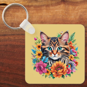 Cat in Colourful Floral Wreath Keychain