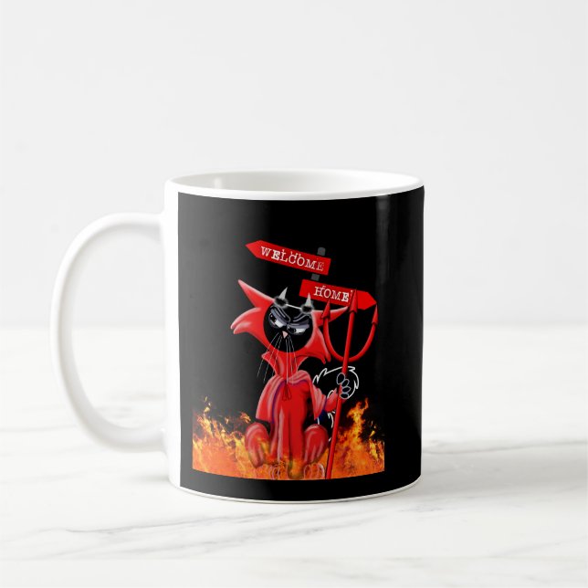 cat in devil costume with welcome home sign coffee mug (Left)