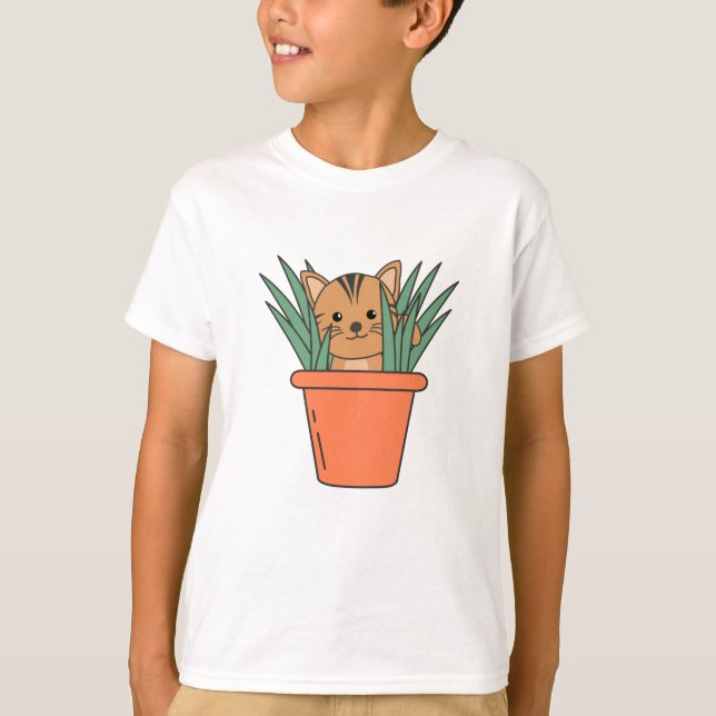 Cat In Flower Pot Funny Kitten In Plants T-Shirt (Front)