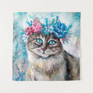 Cat in flower wreath oil painting on canvas. Winte Tapestry