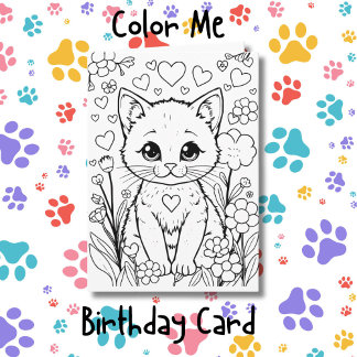 Cat in Flowers Colouring Page | Birthday  Card