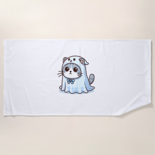 Cat in Ghost Costume for Halloween  Beach Towel