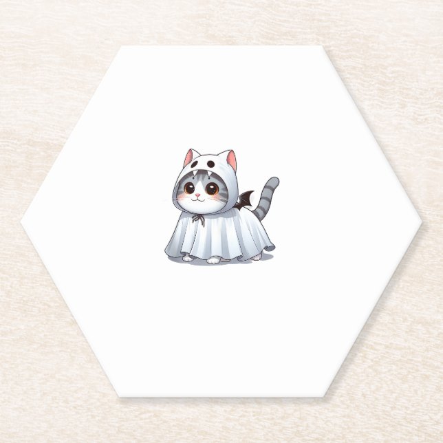 Cat in Ghost Costume for Halloween  Paper Coaster (Front)
