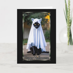 Cat in Ghost Costume Halloween Card