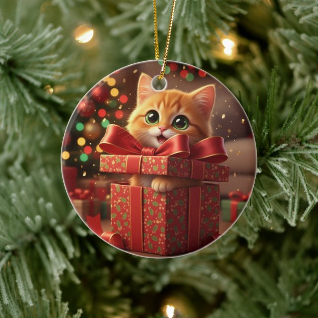 Cat in Gift Box - Cat Popping Out of Present Xmas Ceramic Ornament (Tree)