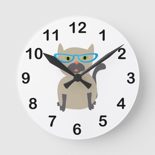 Cat in Glasses Round Clock (Front)