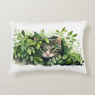 Cat In Green Leaves Accent Pillow
