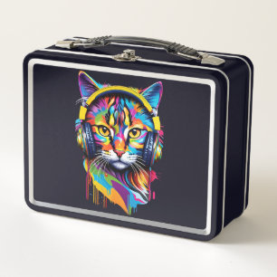 Cat in headphones metal lunch box
