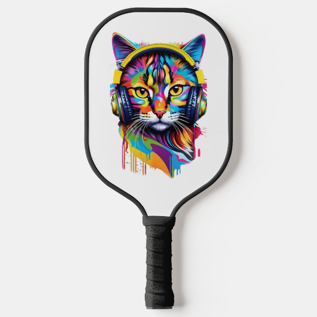 Cat in headphones pickleball paddle (Front)