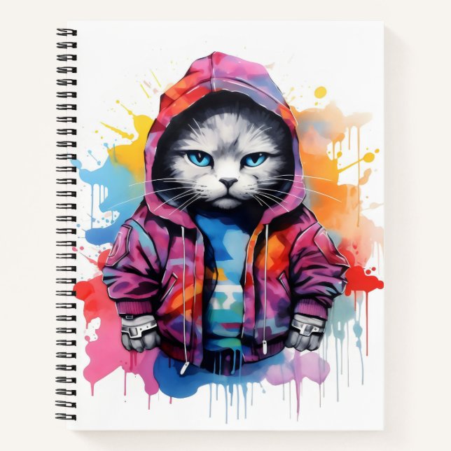 Cat in Hoodie Colourful Graffiti Notebook (Front)