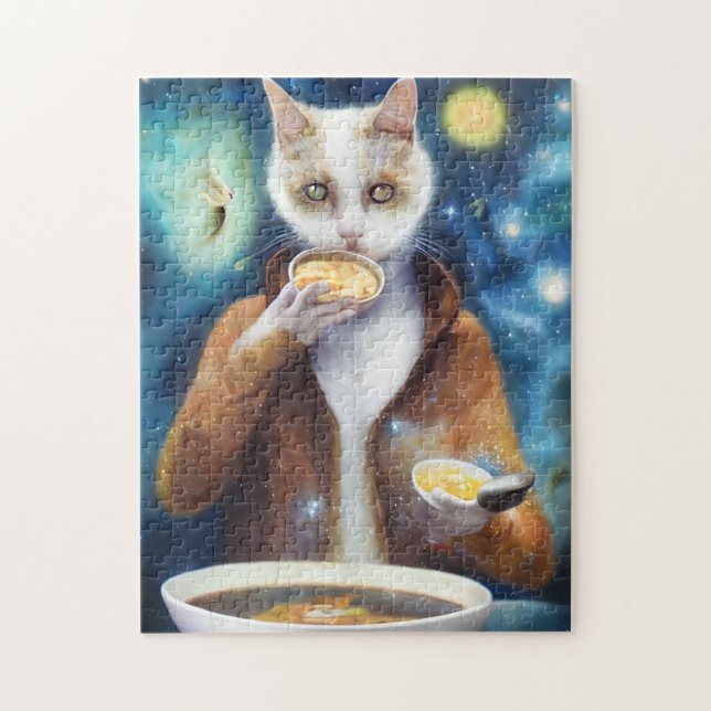 Cat in jumpsuit eating soup made out of galaxies  jigsaw puzzle (Vertical)