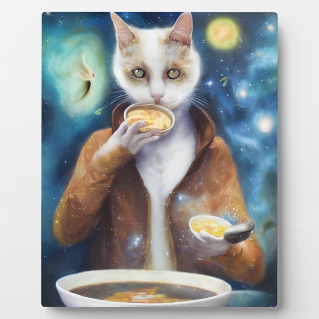 Cat in jumpsuit eating soup made out of galaxies plaque (Front)