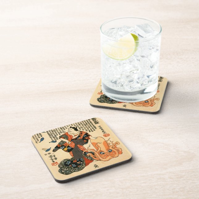 Cat in Kimono, Octopus Kuniyoshi Japanese Fine Art Coaster (Right Side)