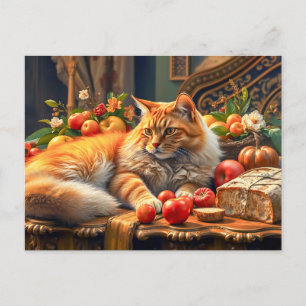 Cat in Lush Fruit and Flower Arrangement Postcard