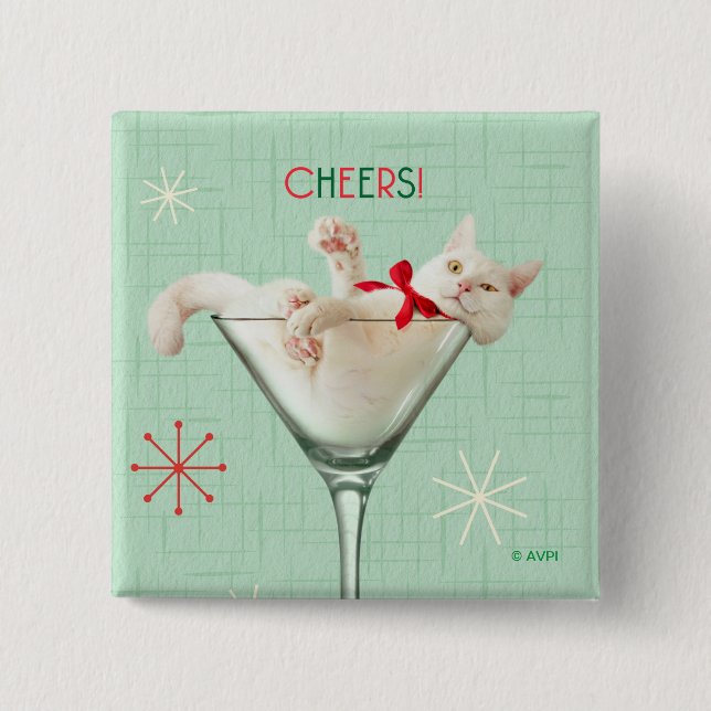 Cat in Martini Glass 2 Inch Square Button (Front)