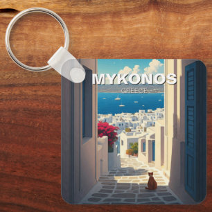 Cat in Mykonos Greece Cyclades Travel Keychain