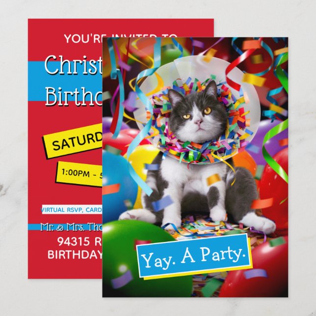 Cat In Party Cone Invitation (Front/Back)