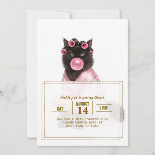 Cat in Pink Robe with Hair Curlers and Bubblegum   Invitation