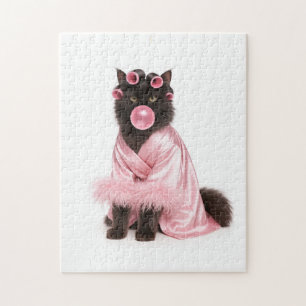 Cat in Pink Robe with Hair Curlers and Bubblegum   Jigsaw Puzzle