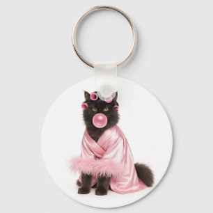 Cat in Pink Robe with Hair Curlers and Bubblegum Keychain