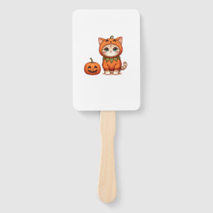 Cat in Pumpkin Costume for Halloween  Hand Fan