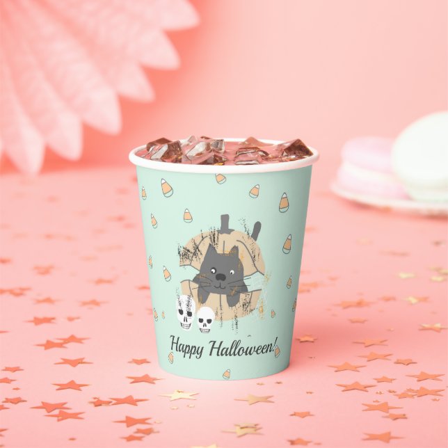 Cat in Pumpkin Skull Candy Corn Kids Halloween Paper Cups (Insitu)