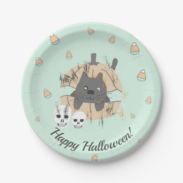 Cat in Pumpkin Skull Candy Corn Kids Halloween Paper Plate (Front)