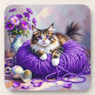 Cat  in Purple Yarn and Flowers   Coaster