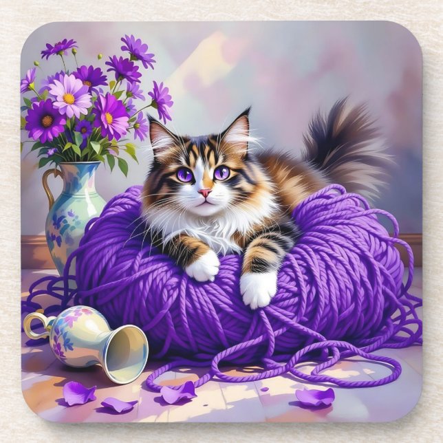 Cat  in Purple Yarn and Flowers   Coaster (Front)